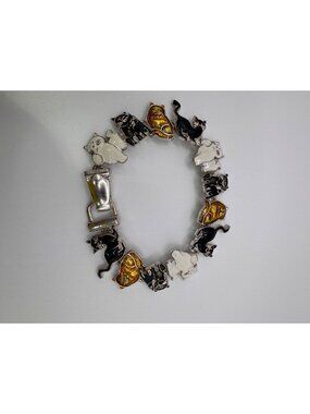 Cat Enamel Link Bracelet Silver Tone Black White Orange Cats Cute Kitschy